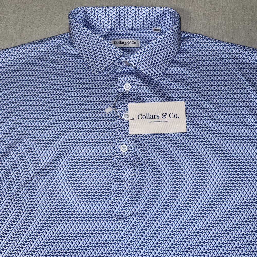 Collars and Co Golf Polo White Blue Geometric AOP Size Large Preppy NWT